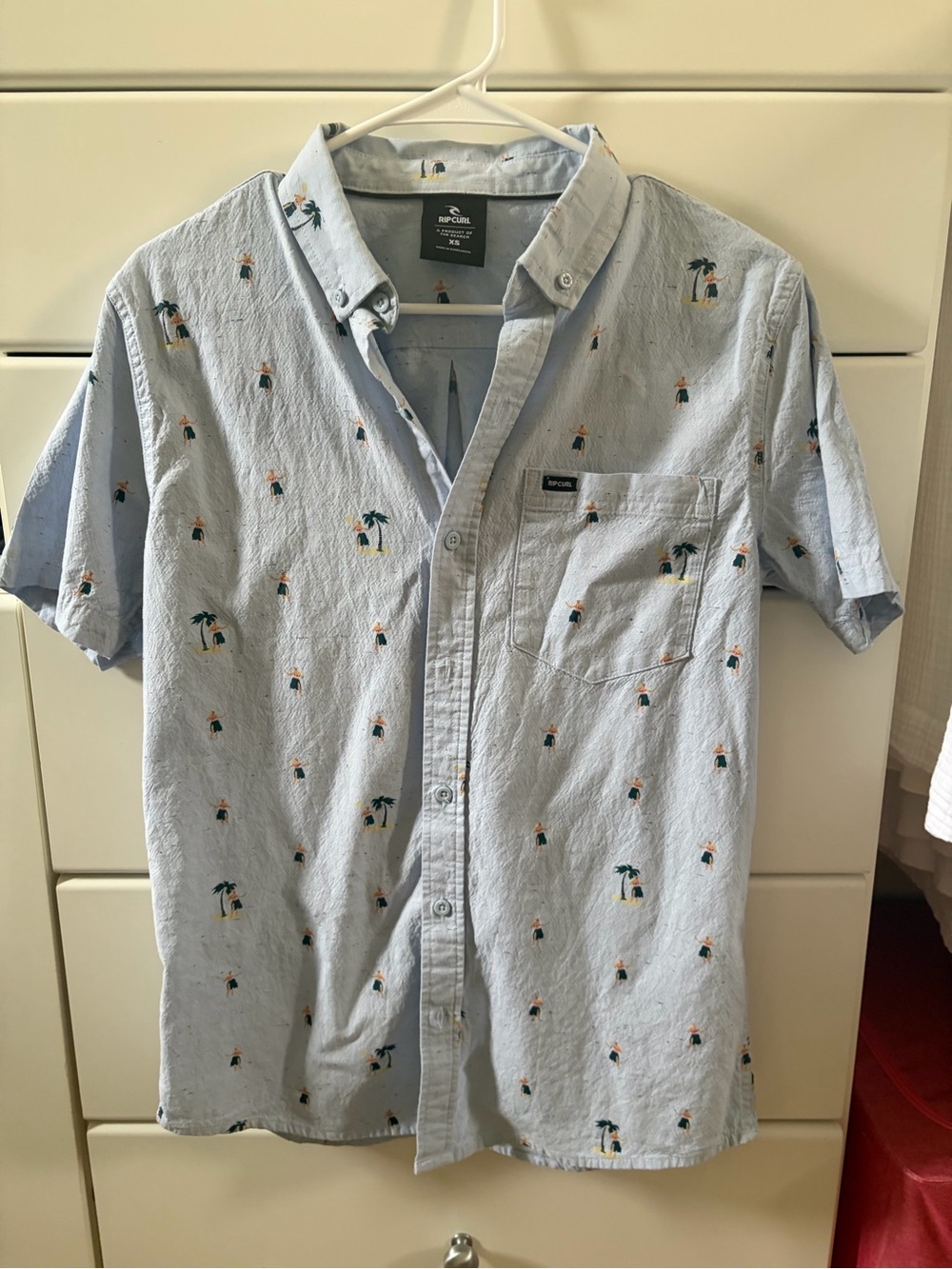 Rip Curl Light Blue Short-Sleeve Button Down with Palm Tree and Hula Dancer